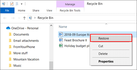 Recover OneDrive files from recycle bin on PC