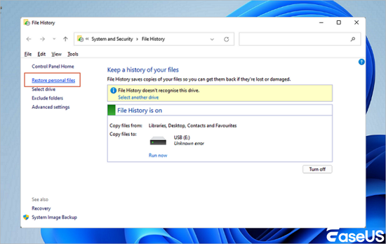 clique em restaurar arquivos pessoais