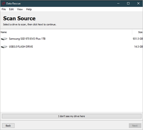 Selecciona una unidad para continuar con la recuperación de archivos