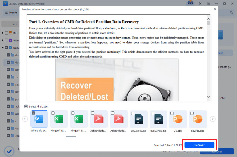 select word documents and recover