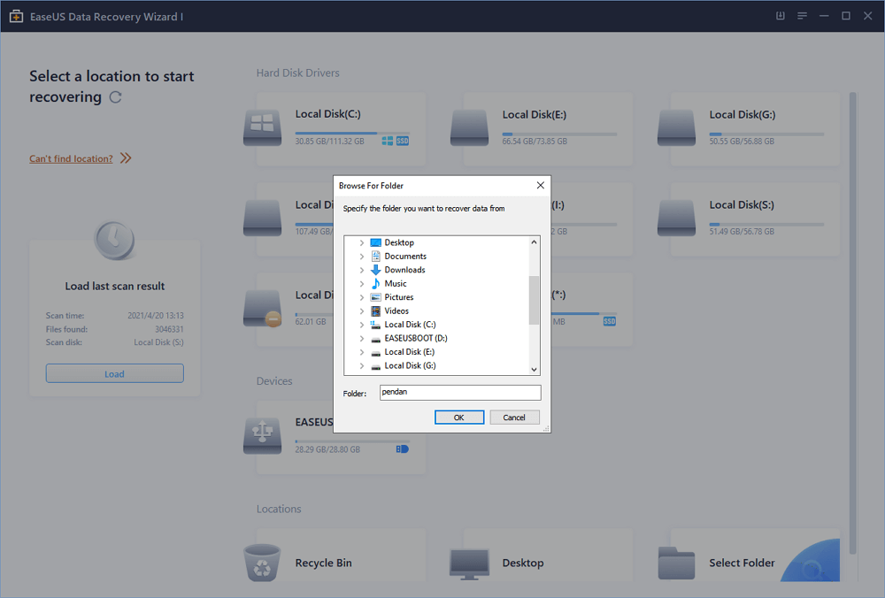 select a location and scan lost Ducoments folder