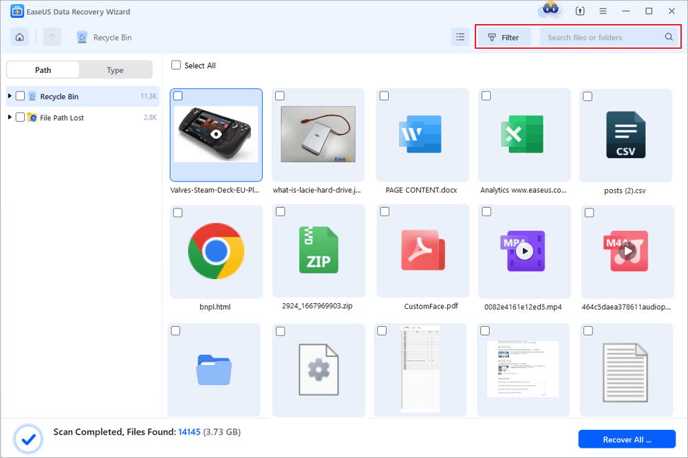 preview found files in Recycle Bin
