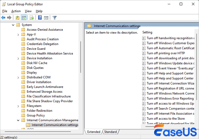 Selecione as configurações de comunicação da Internet