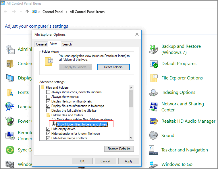 visa dolda filer och mappar i Windows 10, 8 och 7