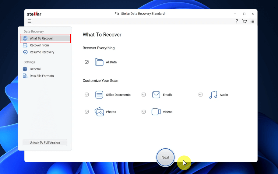 kies het type gegevens dat u wilt herstellen