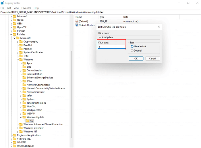turn off windows 11 update with regdit - 1