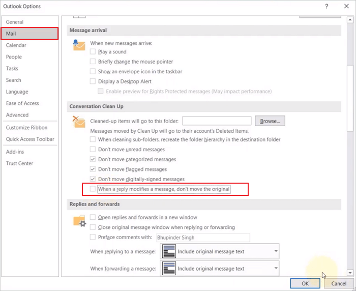 Desativar opções de limpeza de conversas