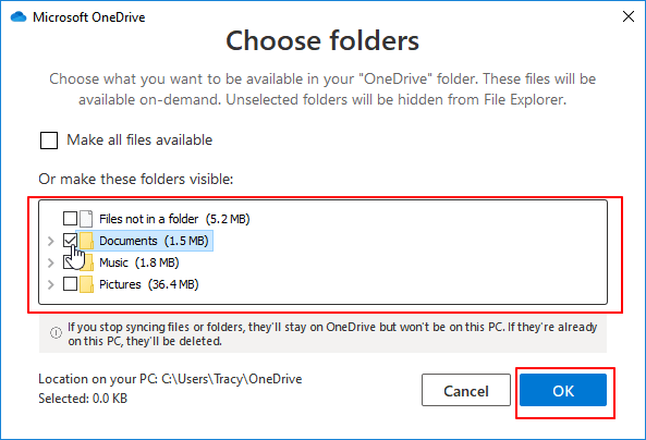 Uncheck files for syncing in onedrive