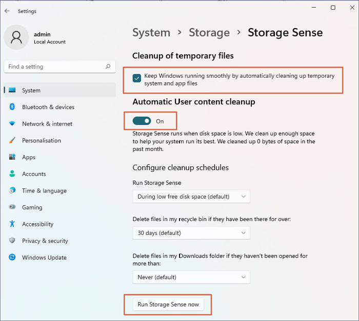 讓 Windows 在執行儲存感知時刪除暫存文件