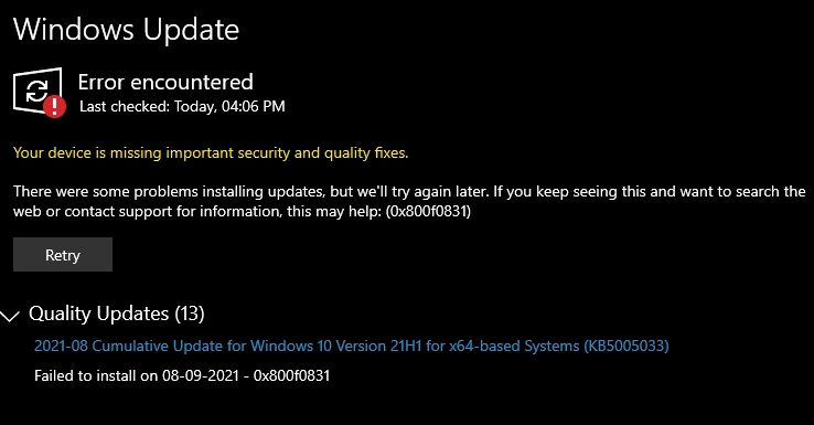 Windows Update Fehler 0x800f0831