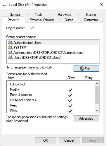 l'accès au disque dur portable est refusé pour Windows 7