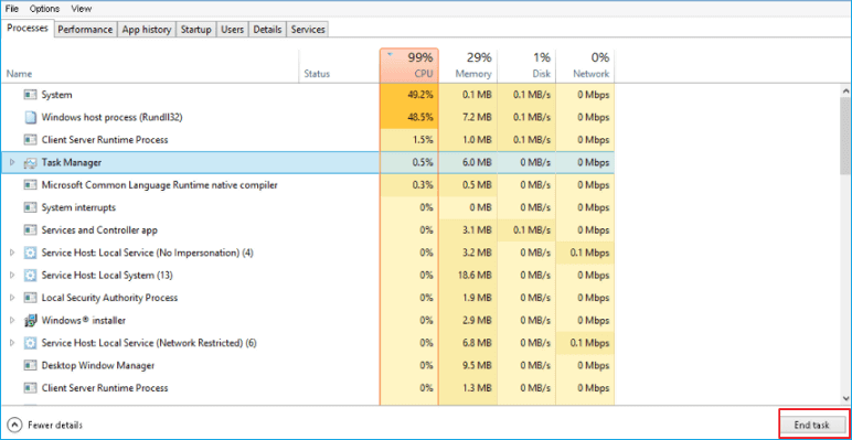 99 cpu usage windows 10