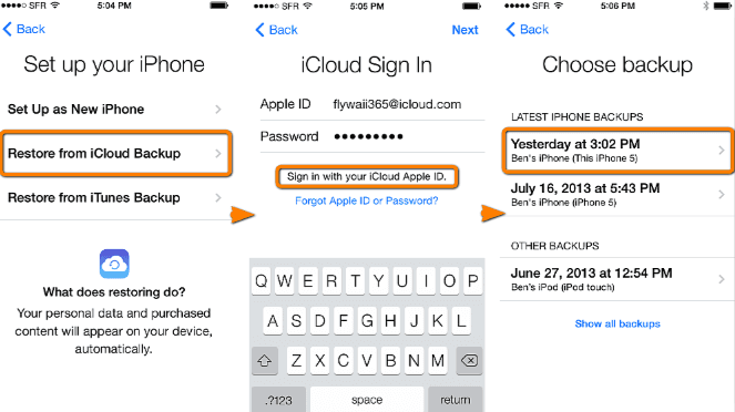 Restore iCloud backups from iCloud.