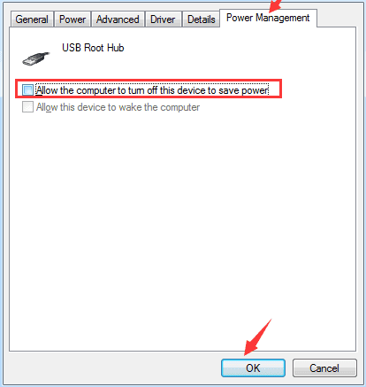 Turn off device to save power so to make USB recognizable again.