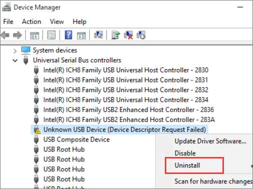 uninstall usb drive to fix the device descriptor request failed