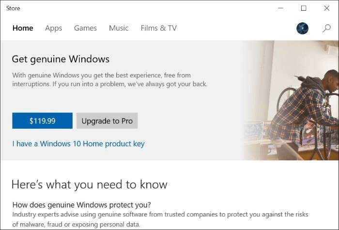 Update Windows 10 from Home to Pro without activation key.