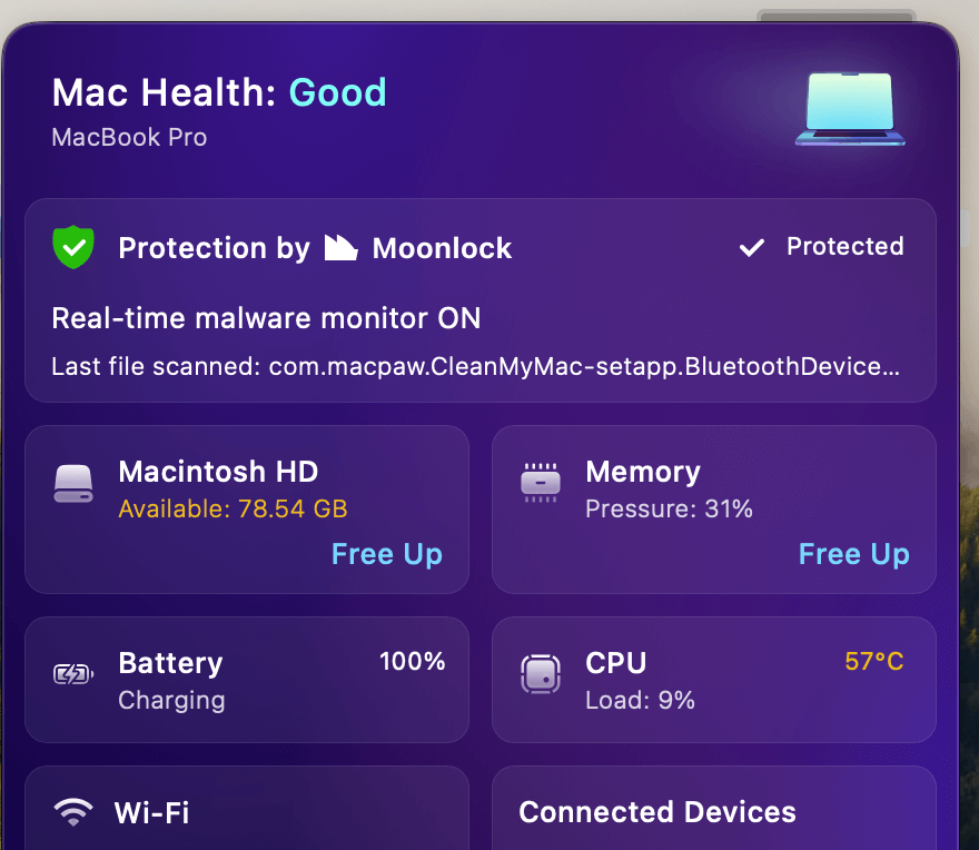 The CleanMyMac Menu gives a quick overview of your Mac's health