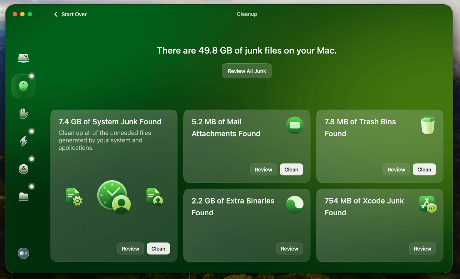 Under Cleanup a quick scan found 49.8 GB of junk files on my Mac