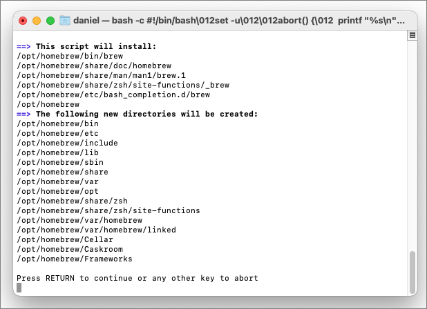Bei der Homebrew-Installation werden Sie aufgefordert, mit Return fortzufahren