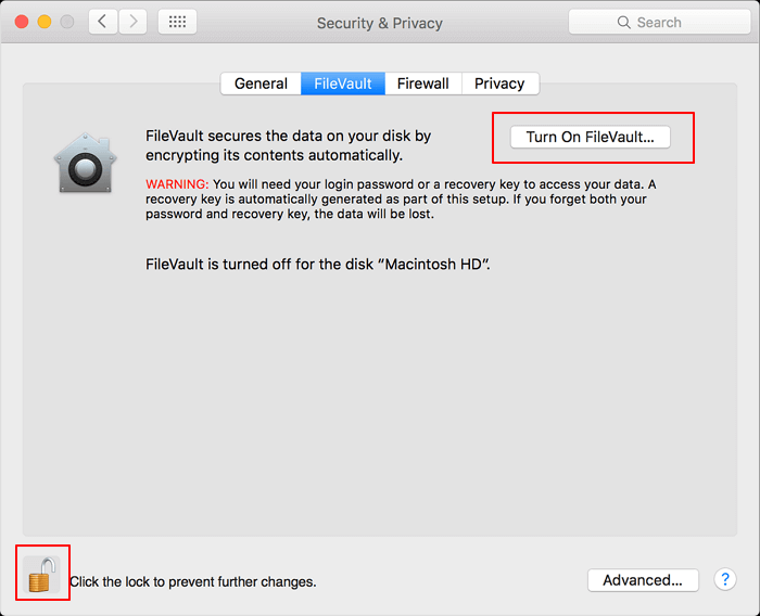 attiva FileVault su Mac