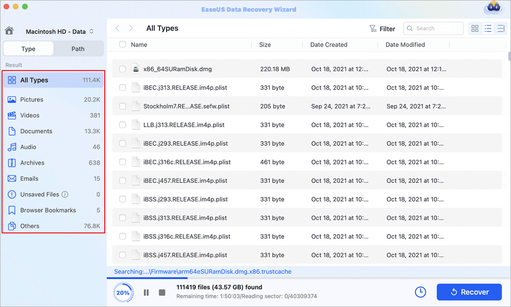 filter lost files in types