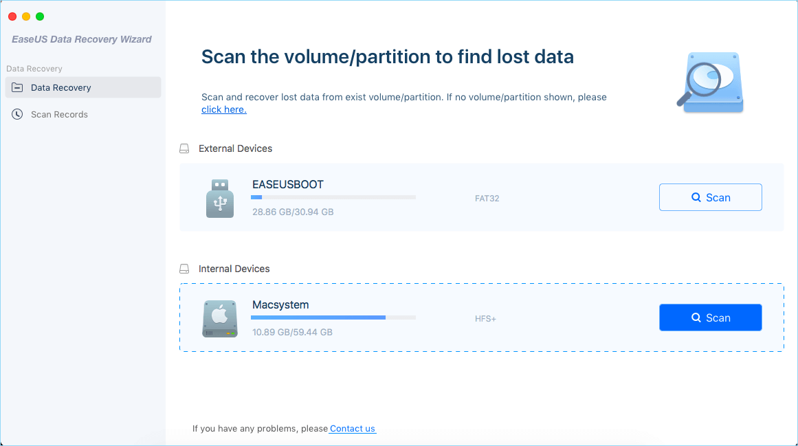 select the location where data lost and click scan