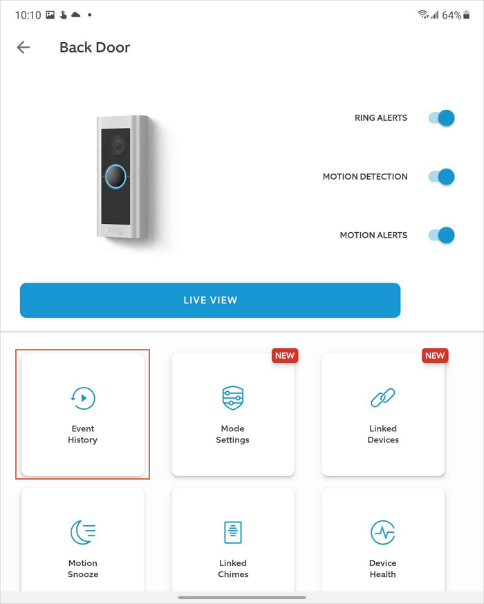 Ring doorbell app screenshot event history save video