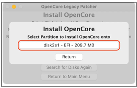 Wählen Sie die Partition aus, auf der Opencore installiert werden soll
