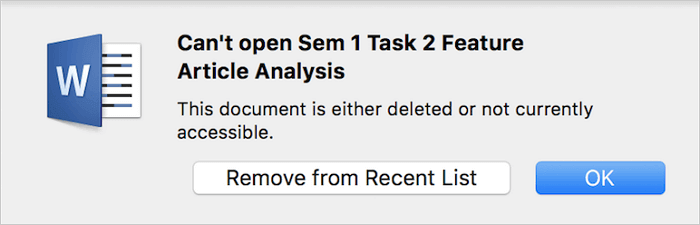 dokument aplikace Word byl odstraněn nebo poškozen v systému Mac.