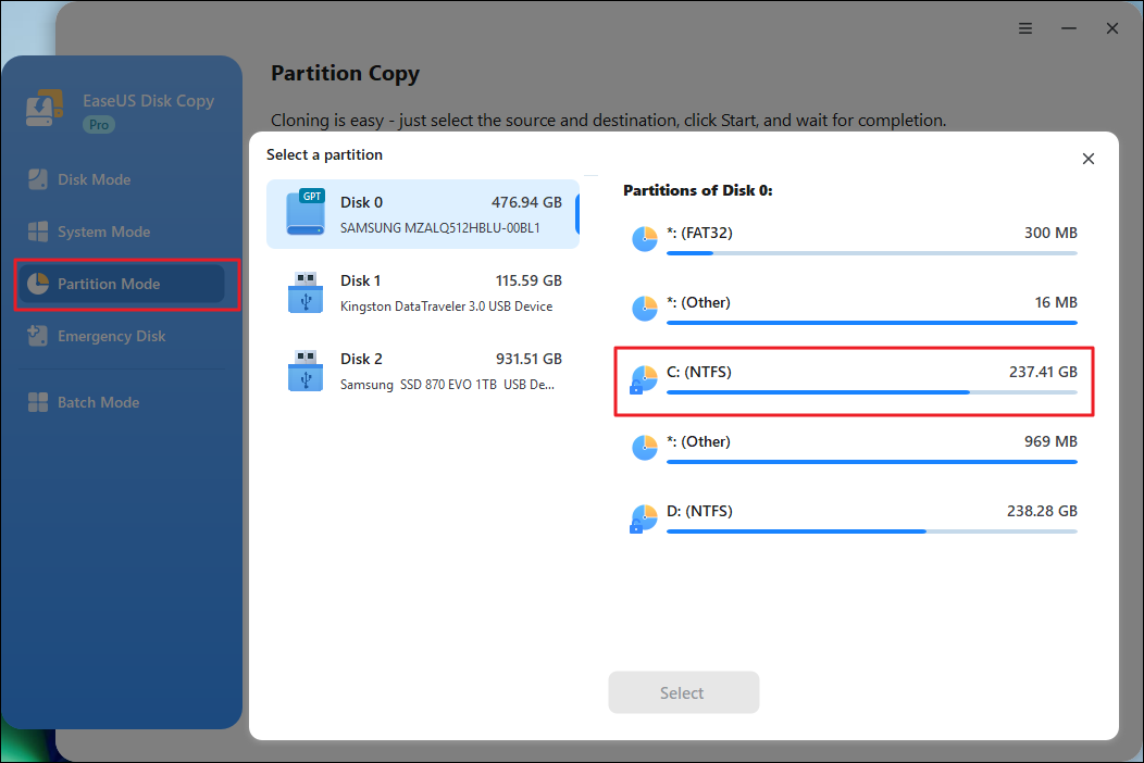 Select source partition to clone