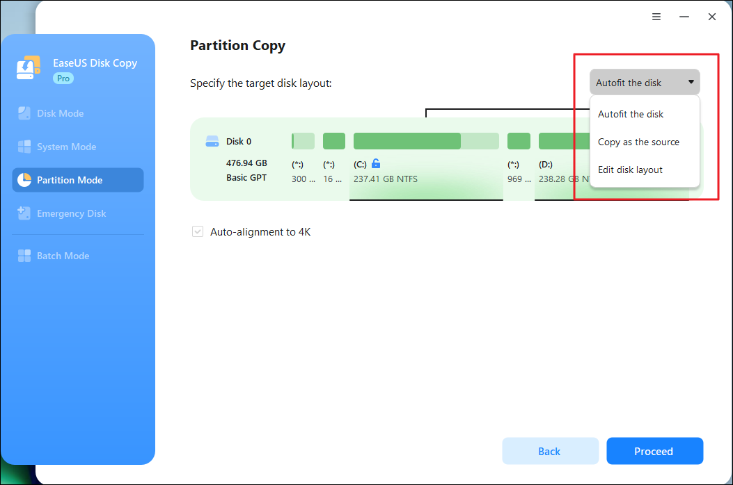 Select the destination partition to clone or copy partition