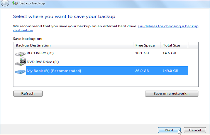 dove salvare l'immagine di backup