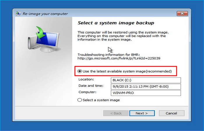 selezionare Utilizza l'ultima immagine di sistema disponibile