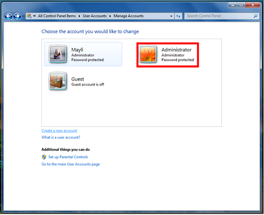 welect the administrator account to change its password