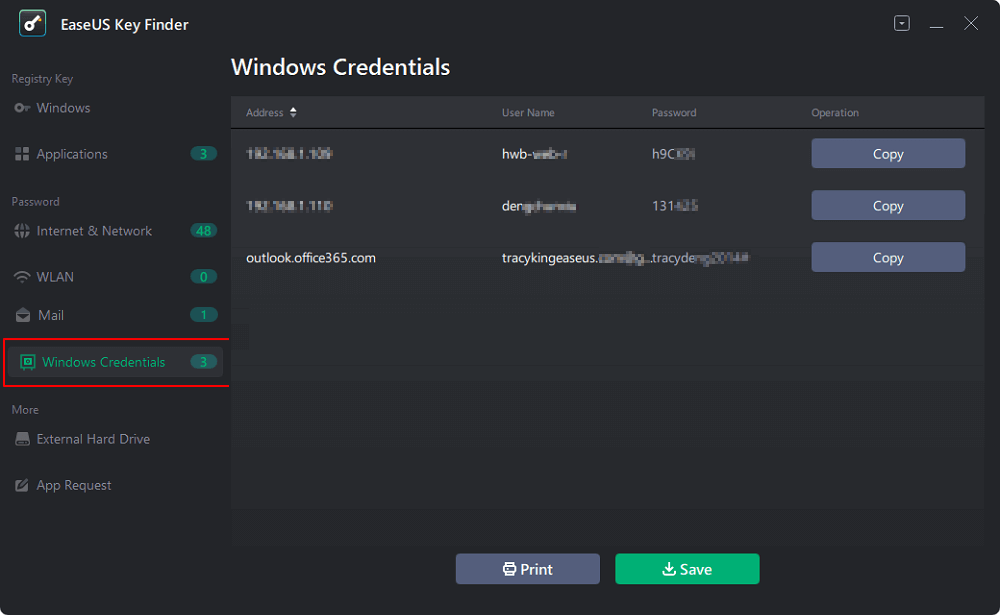 Fai clic su Credenziali Windows nel riquadro sinistro di EaseUS Key Finder
