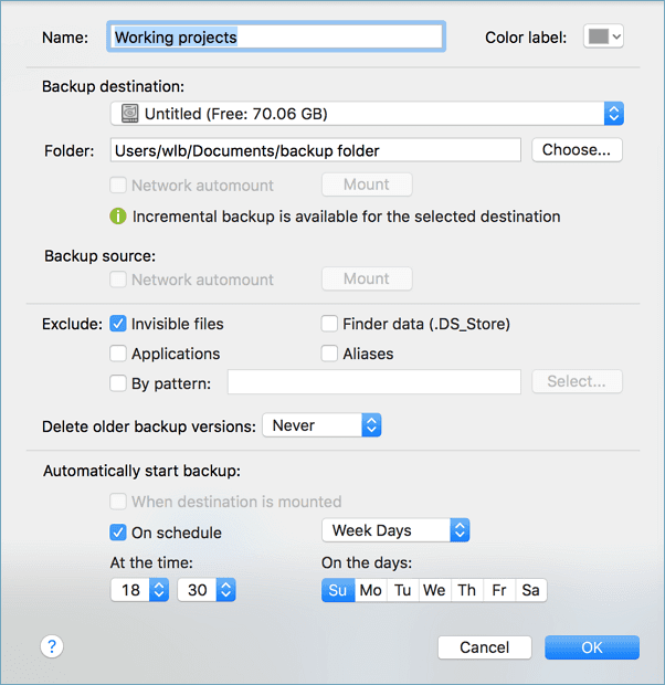 Set destination to backup Mac drive data.