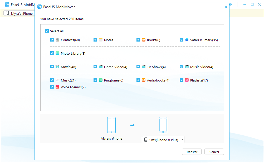 select categories to transfer