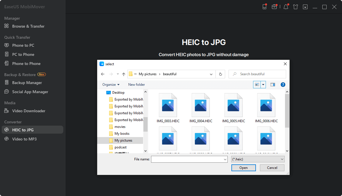 Add HEIC photos to EaseUS MobiMover from PC