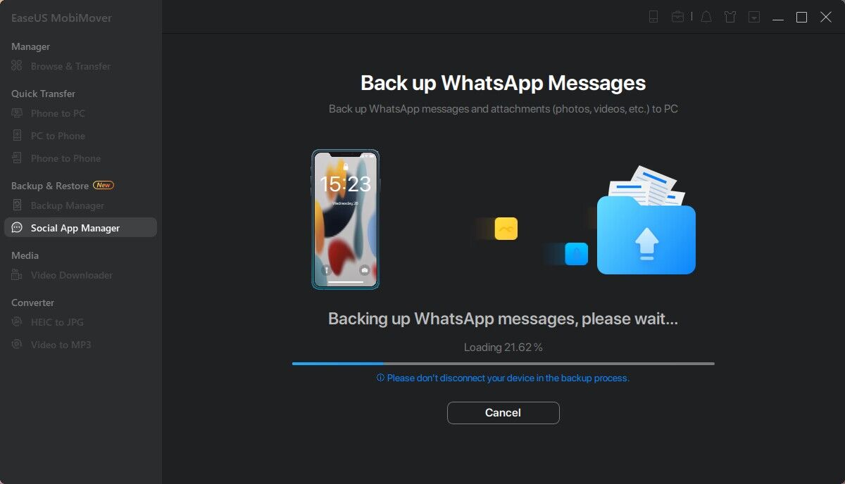 Back up WhatsApp to PC - backup process