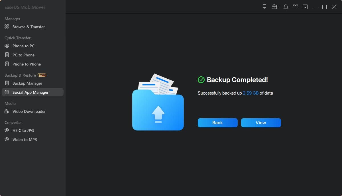 Back up WhatsApp to PC - backup complete