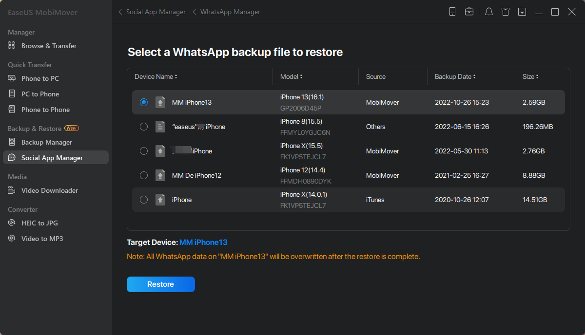 WhatsApp herstellen - selecteer back-up
