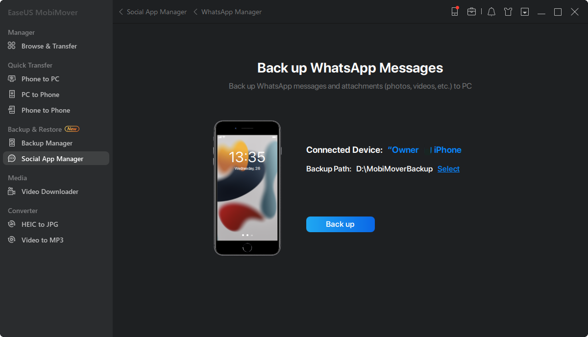 Back-up whatsApp naar pc - selecteer back-uplocatie