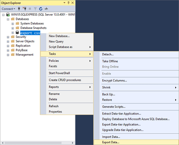 exportar la base de datos de MS SQL a CSV