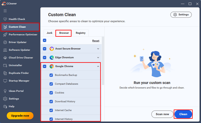 ccleaner click custom clean select chrome browser to clean