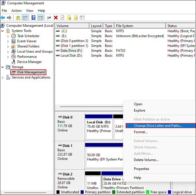 change drive letter and paths in disk management