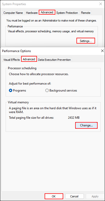 change performance options