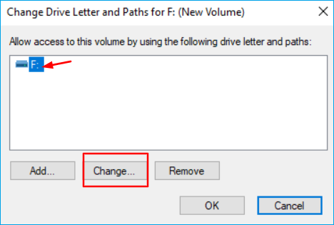 Click on Change to Change the Drive Letter option