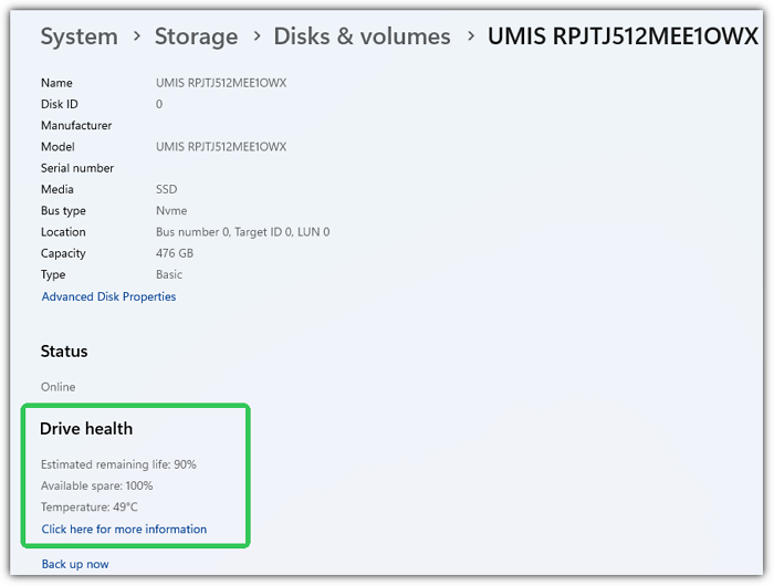 check disk health in settings