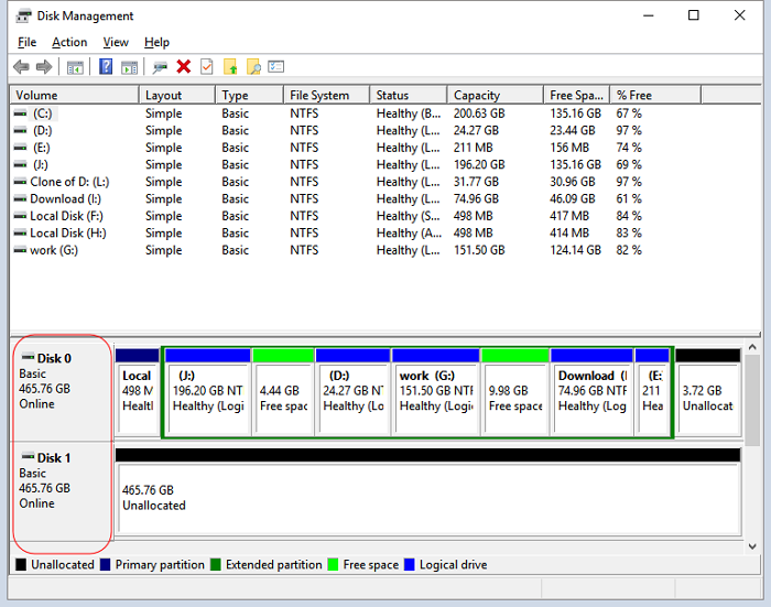 chekc total hard drive size in disk management
