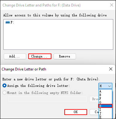choose a preferred new drive letter for sd card